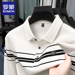 罗蒙长袖T恤男时尚百搭休闲条纹POLO衫男士高端菠萝纹翻领体恤