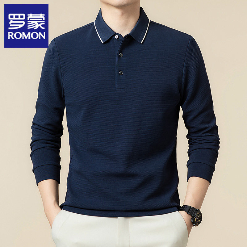 罗蒙男士长袖t恤2026春秋季新款商务休闲菠萝纹翻领polo衫男中年