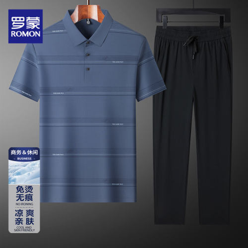 罗蒙夏季冰丝短袖polo衫男士套装