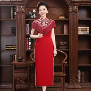 参加婚宴妈妈秋装 旗袍醋酸连衣裙轻奢高端宴会礼服 礼服红色新中式