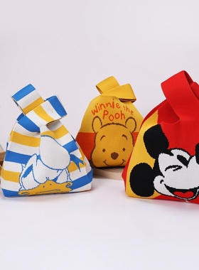 迪士尼卡通针织手提包可爱米奇维尼熊方形大容量便当包百搭托特包