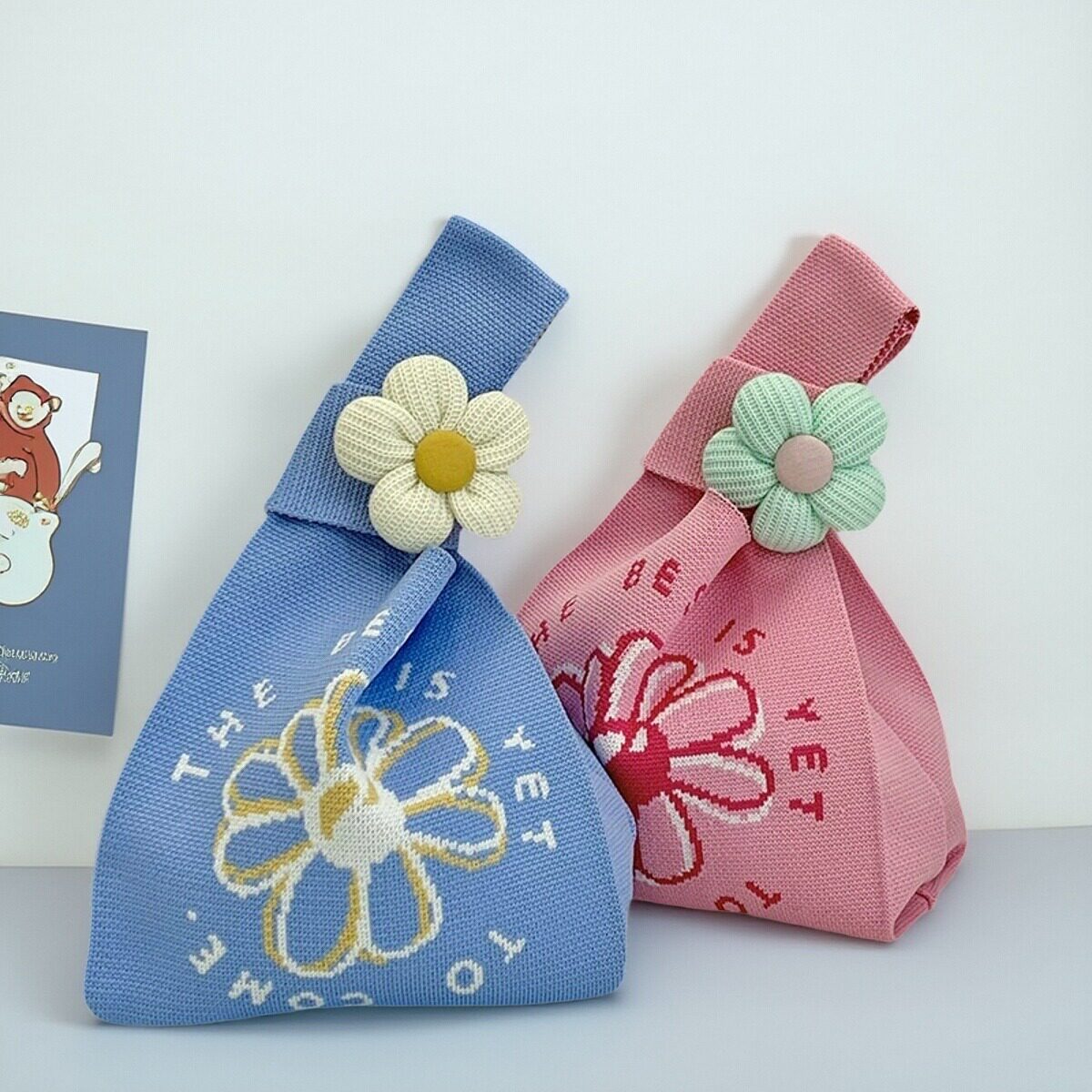 韩版甜美花朵针织包女便携小拎包时尚百搭手提包伴手礼包装袋礼袋