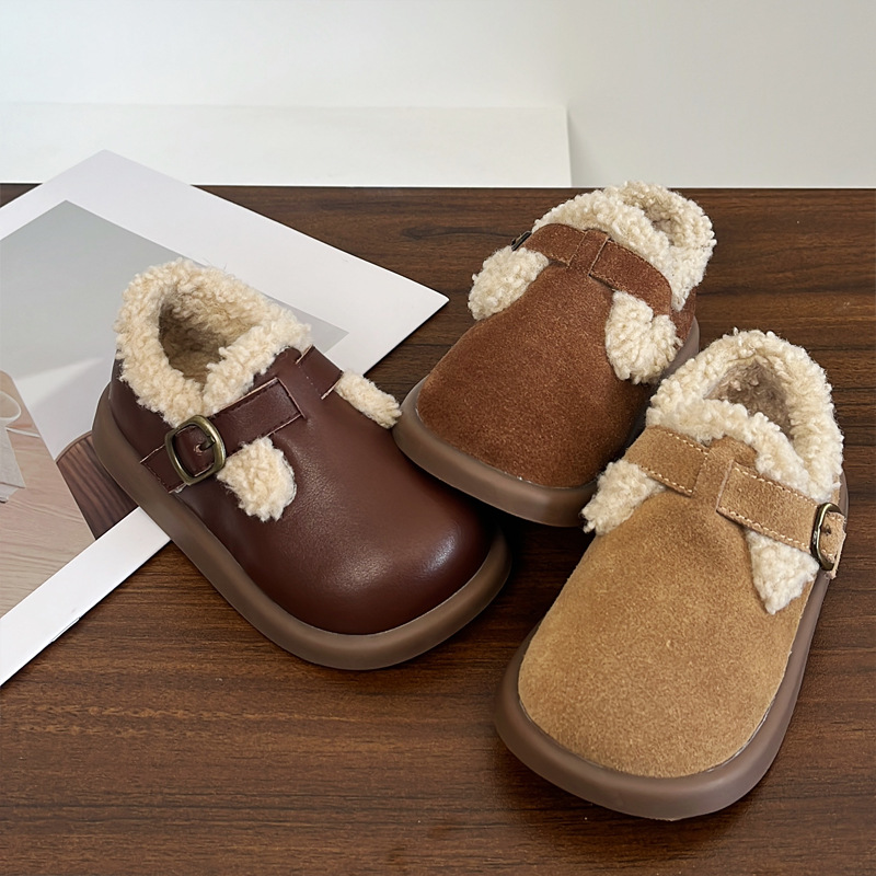 复古风真皮毛绒勃肯鞋圆头男女童加绒加厚冬款时髦韩版魔术贴棉鞋