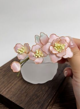 非遗绒花发夹边夹新中式发簪子手工掐丝发梳旗袍头饰软赞花礼物