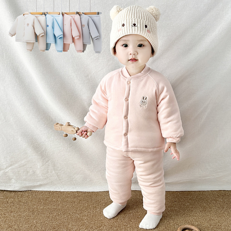 婴儿冬季纯棉衣服加厚保暖套装宝宝棉衣棉裤棉袄家居服夹棉二件套