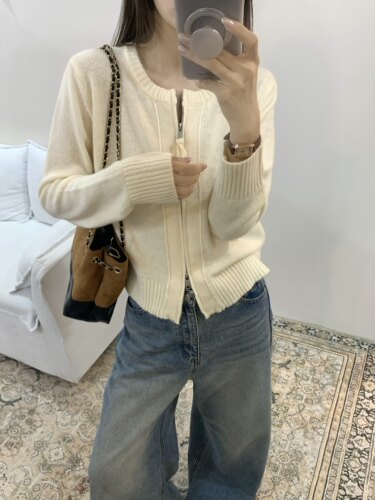 秋冬新款女韩版宽松时尚纯色开衫百搭休闲保暖双拉链线衫毛衣外套