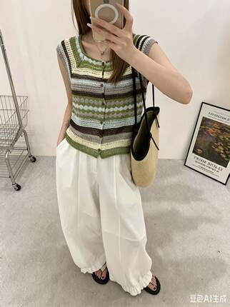 多巴胺风彩色条纹方领无袖针织背心女韩系2026夏镂空宽松上衣