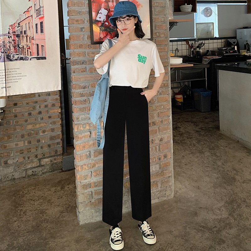 西装裤女直筒宽松九分夏季薄款高腰垂感阔腿显瘦百搭八分黑色裤子
