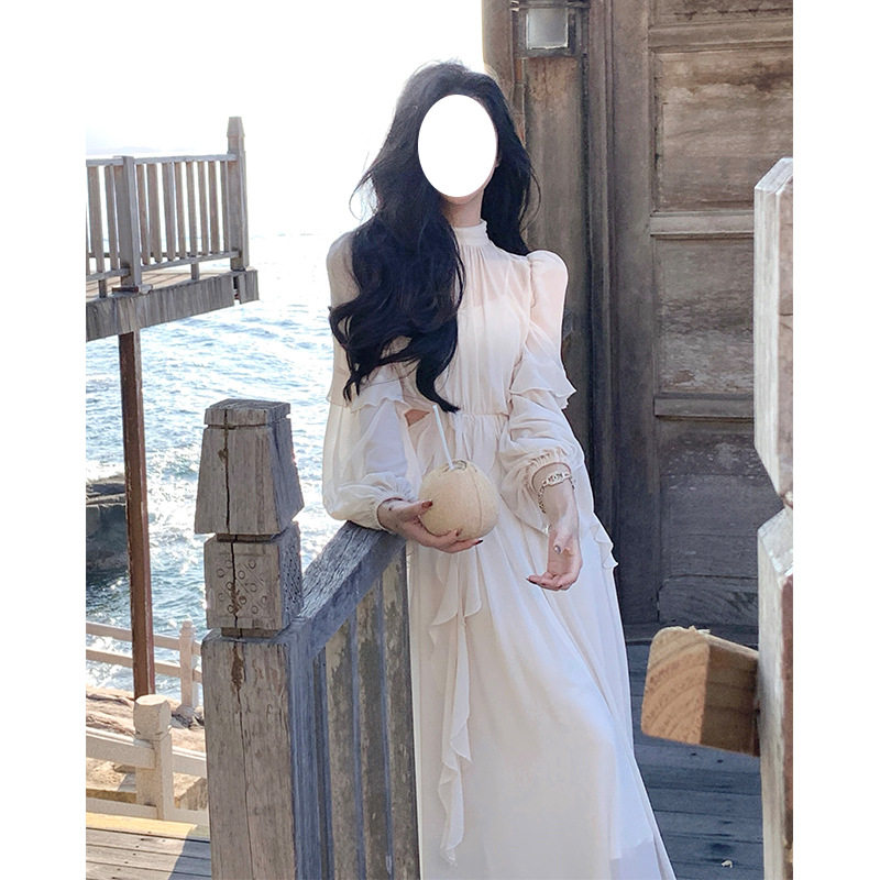法式复古立领礼服轻奢小众高端级气质网纱透视不规则荷叶边连衣裙
