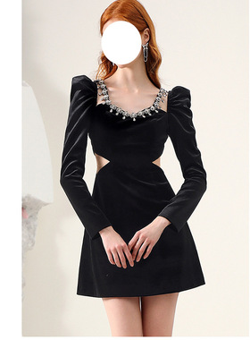 法式复古赫本风黑色丝绒礼服女轻奢小众高端级名媛气质显瘦连衣裙