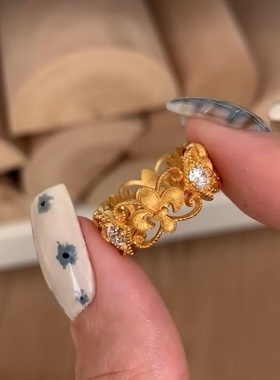 欧美复中古镶钻轻奢小众高端级设计感气质鸢尾花拉丝戒指925纯银