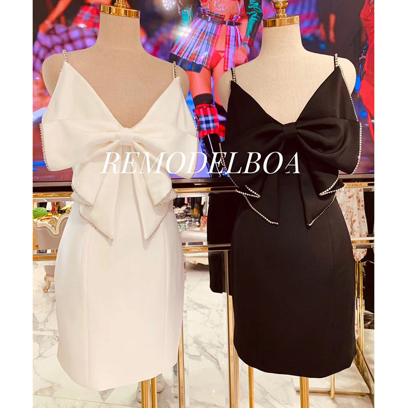 欧美性感V领吊带露肩背礼服轻奢小众高端级气质名媛蝴蝶结连衣裙
