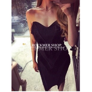 欧美性感V领抹胸露肩背礼服气质名媛晚宴年会修身 显瘦包臀连衣裙