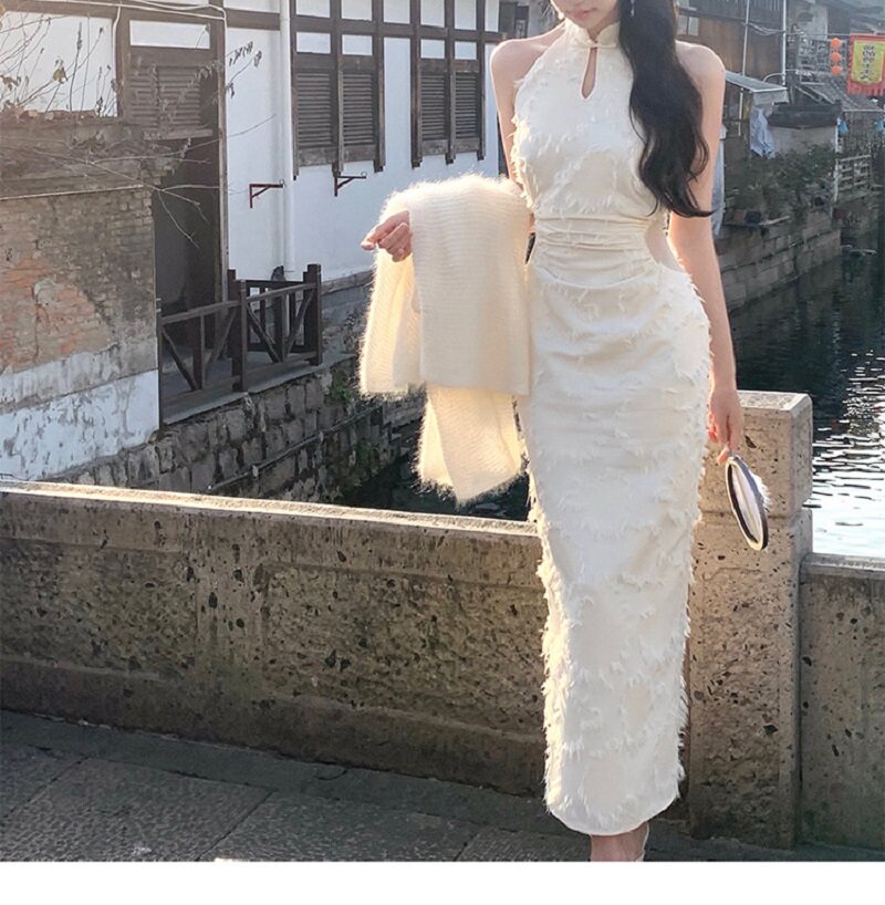新式中国风复古白色礼服女轻奢小众高端级气质名媛收腰旗袍连衣裙