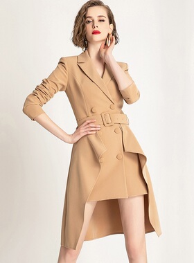 欧美秋冬复古休闲chic西装气质名媛小众设计高级感卡其色外套女OL