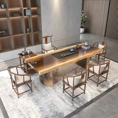实木茶桌椅组合新中式办公室禅意茶台原木大板一桌五椅功夫泡茶桌