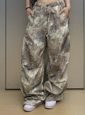 韩国代购gateless宽松休闲裤扎染喷漆工装裤长裤女Jennie同款裤子