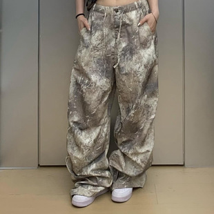 韩国代购gateless宽松休闲裤扎染喷漆工装裤长裤女Jennie同款裤子