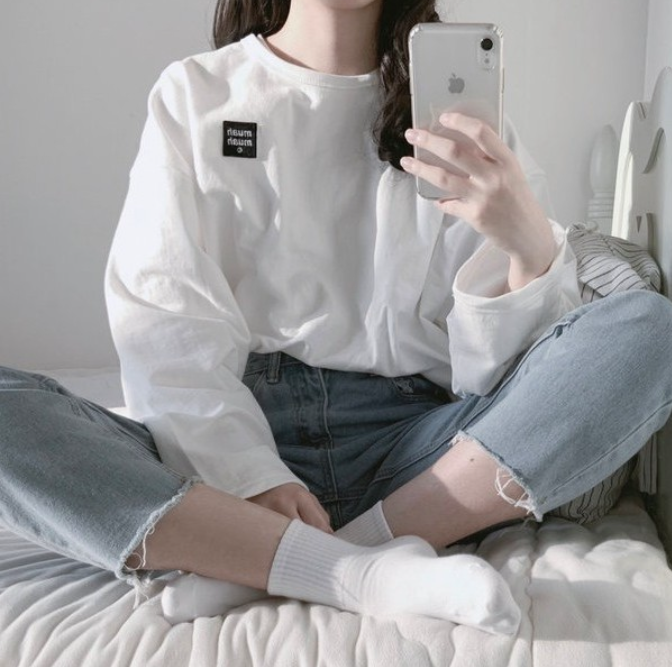 韩国代购 MUAHMUAH长袖方块logo宽松T恤学院风纯色上衣打底薄款秋