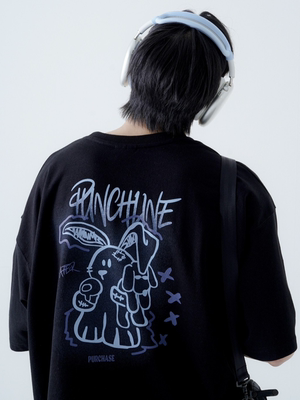 韩国代购 PUNCHLINE短袖情侣宽松T恤后背兔子圆领男女款上衣 夏季