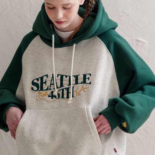 韩国代购WV PROJECT 连帽卫衣加绒字母刺绣插肩拼色男女同款上衣