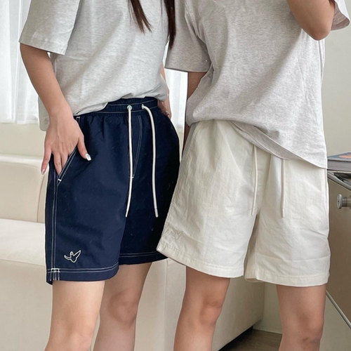 韩国代购WHATITISNT小飞人尼龙短裤松紧腰系带小天使刺绣男女裤子