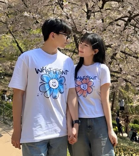 韩国代购 whatitisnt小飞人花朵印花短袖短款T恤男女同款情侣上衣