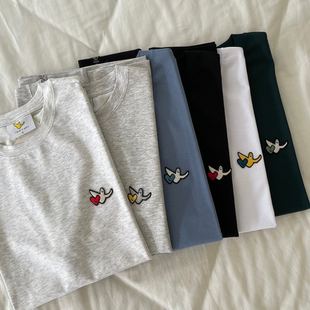 韩国代购whatitisnt小飞人T恤爱心小标刺绣短袖女休闲男女同款夏