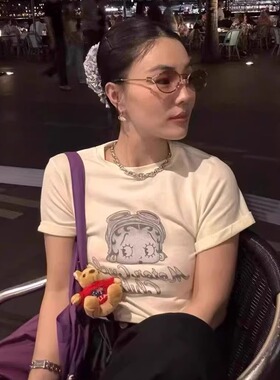 韩国东大门代购visual space圆领短袖可爱卡通贝蒂印花T恤女上衣