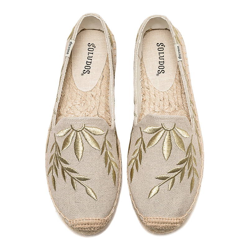 美国正品Soludos渔夫鞋增高厚底女刺绣草编麻底帆布乐福鞋一脚蹬