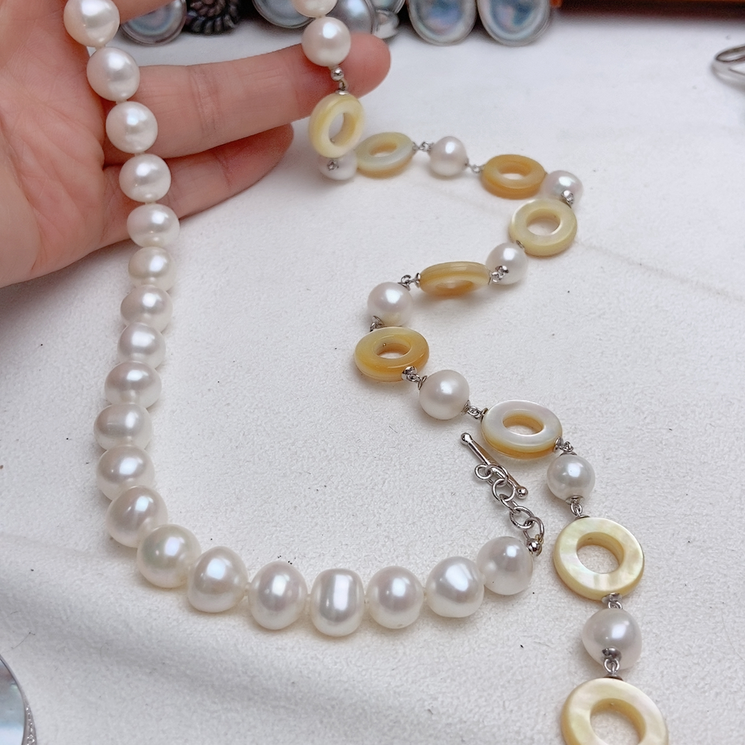 设计款，极光淡水珠，金碟贝项链，纯银