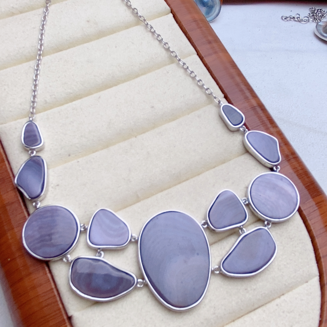 出口款，天然紫色海水贝，纯银项链