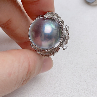 极光星空蓝海水马贝戒指,纯银羽毛