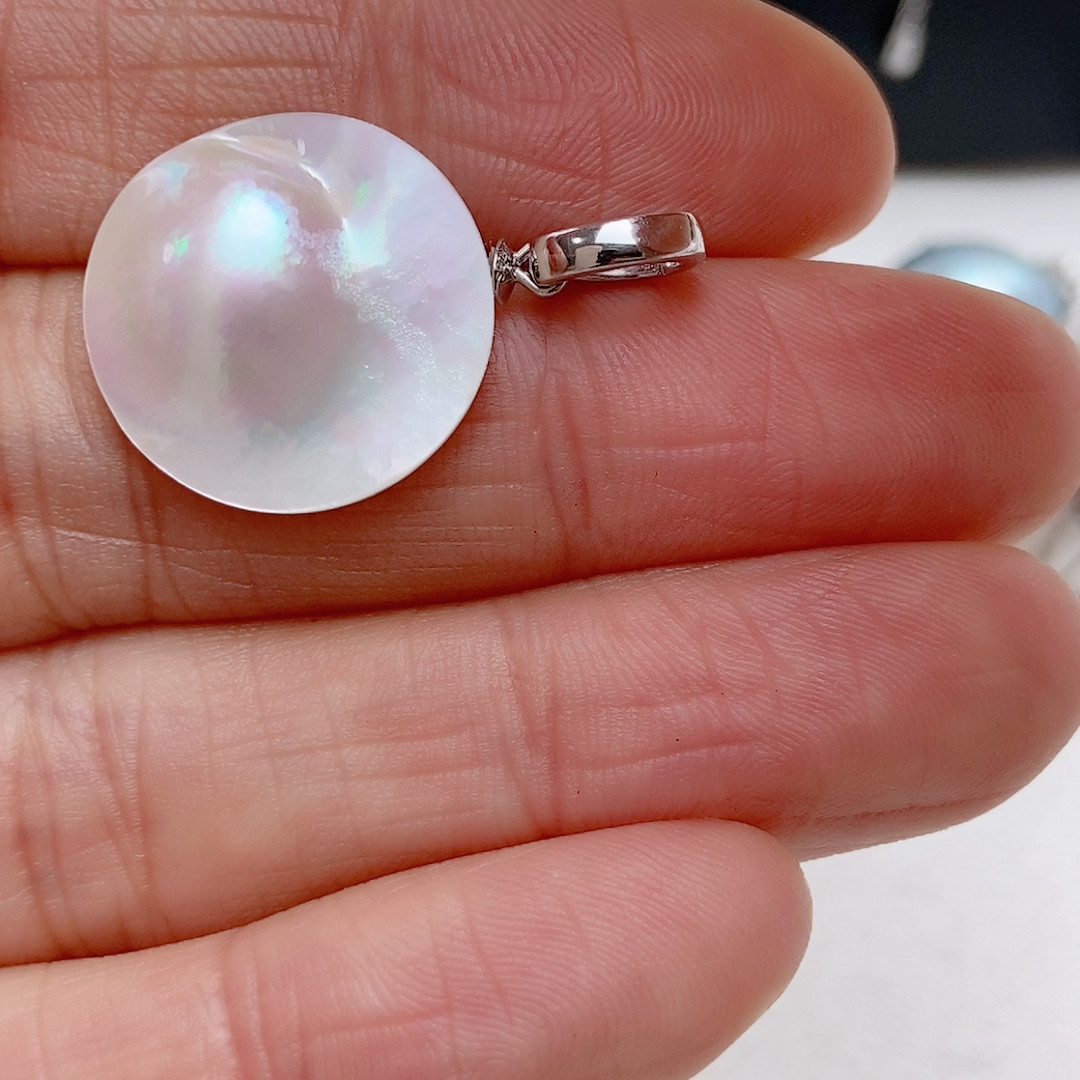 白色澳洲海水马贝吊坠，纯银，17-18mm