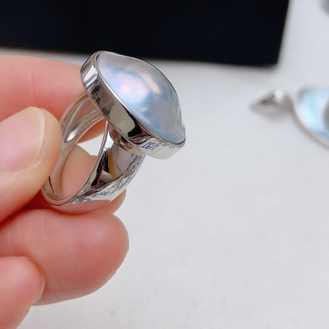 简洁海水马贝戒指，纯银