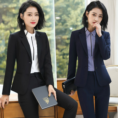 藏青色职业西装套装女长裤长袖