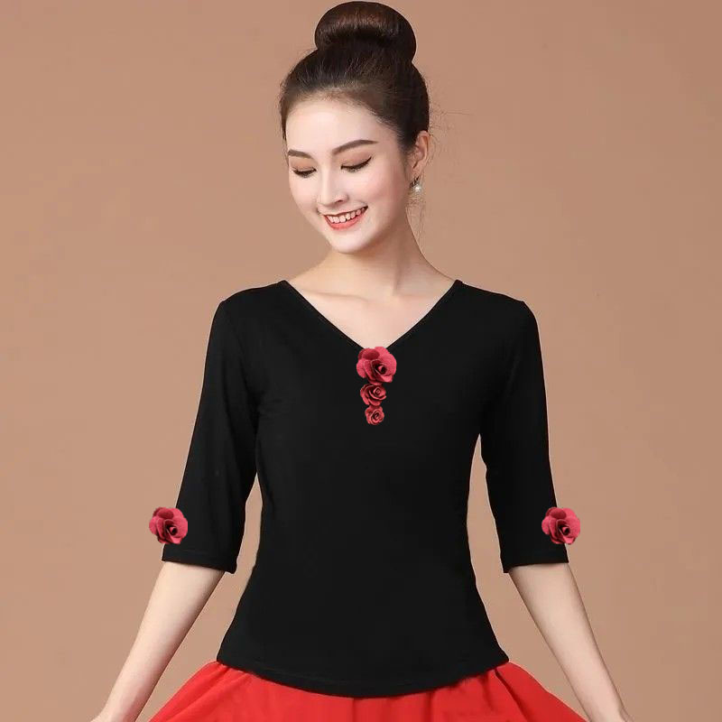 古典舞练功服黑上衣V领短袖中袖长袖立体玫瑰花形体广场舞服装女