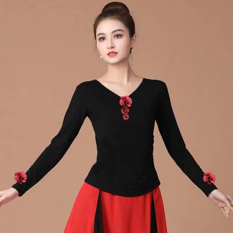 古典舞练功服黑上衣V领短袖中袖长袖立体玫瑰花形体广场舞服装女