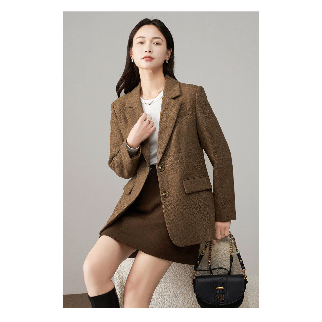 【绵羊毛人字纹】娅丽达秋冬季女上装棕色毛呢西装外套加厚小西服