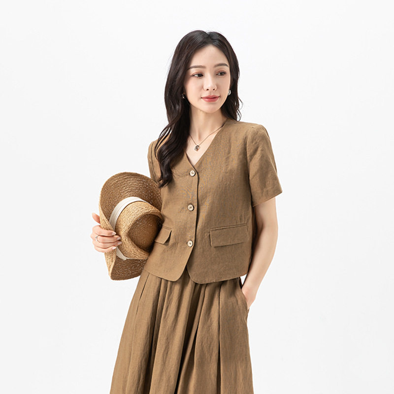 忆霏夏季亚麻短袖半裙两件套女图片