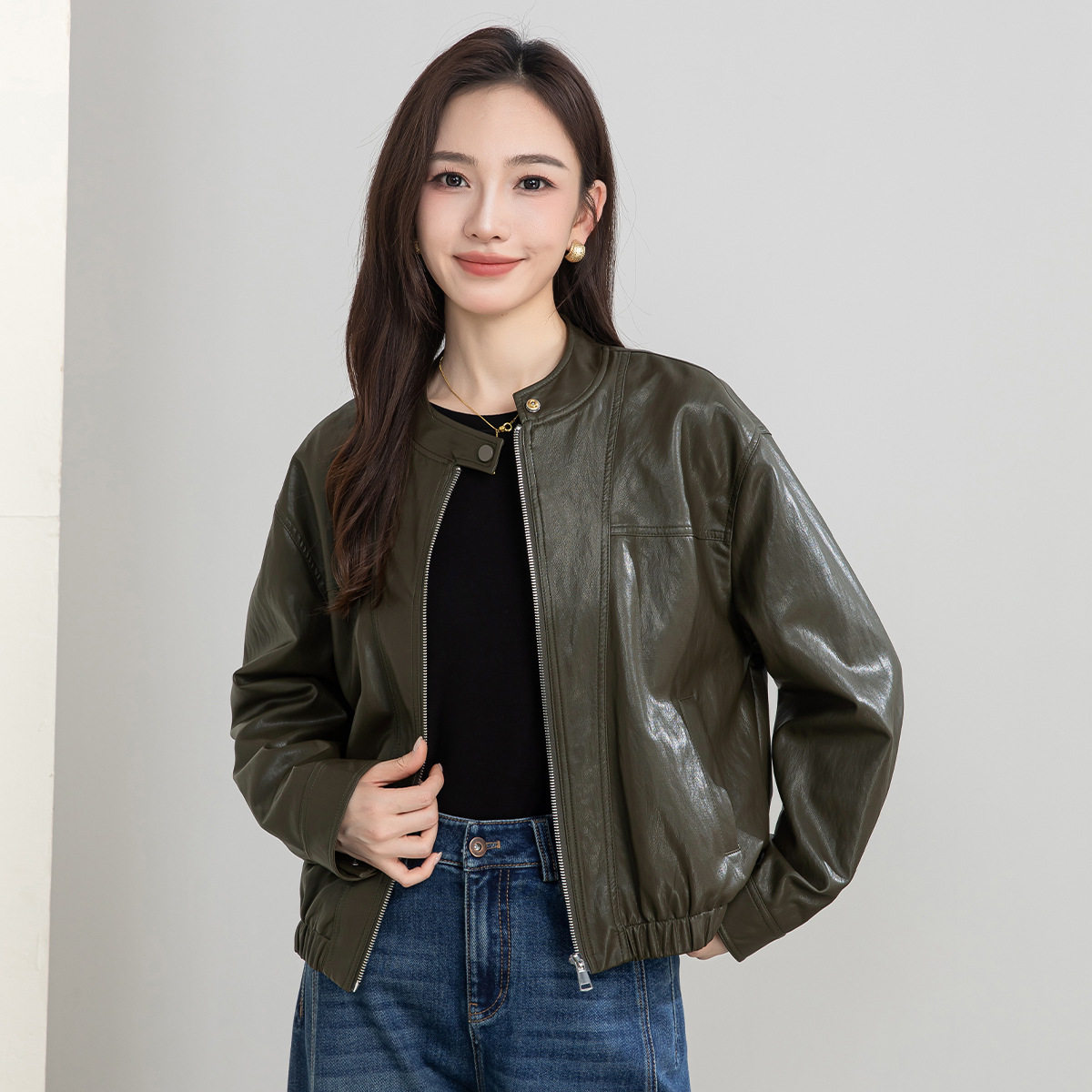 忆霏复古机车PU皮夹克女绿色皮衣