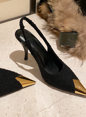 2025年新款高跟鞋女细跟rose同款金属尖头朴彩英凉鞋单鞋秋季黑色