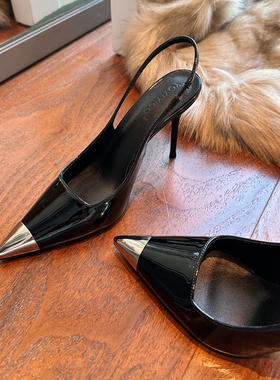 高跟鞋女2024新款秋冬细跟尖头金属御姐性感绝美单鞋配大衣黑色