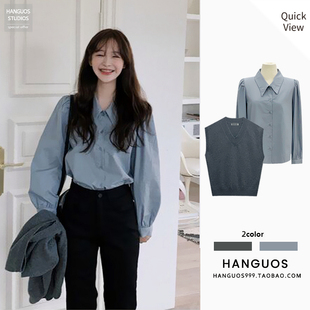 秋冬装2022新款女韩版小个子炸街减龄套装衬衫马甲毛衣两件套ins