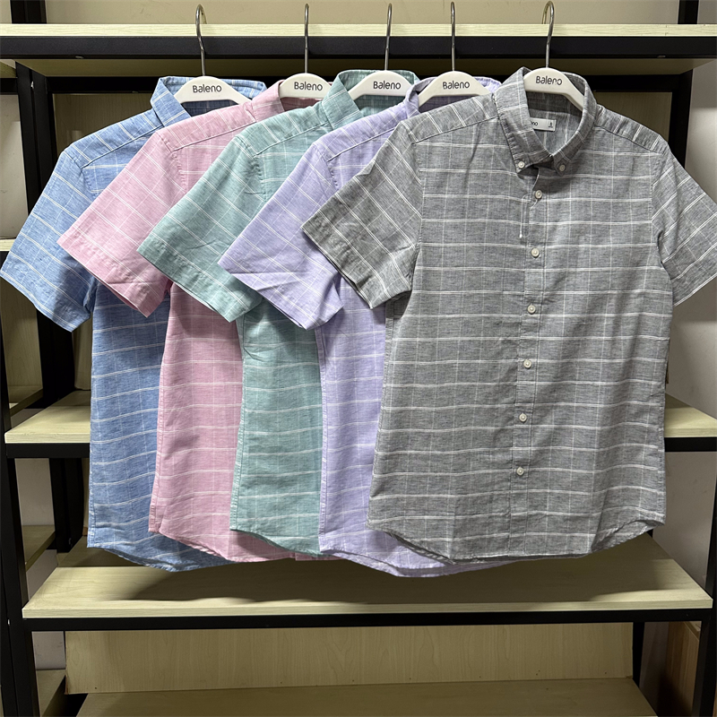 班尼路夏季新品男装 青年时尚棉麻休闲衬衫格子短袖衬衣88904013