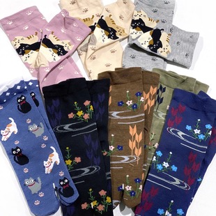 日单花卉柴犬复古二趾袜分趾袜夹脚中筒袜女袜棉袜 日系和风