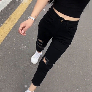 黑色时尚破洞牛仔裤女夏季新款高腰显瘦休闲百搭小脚裤洋气九分裤