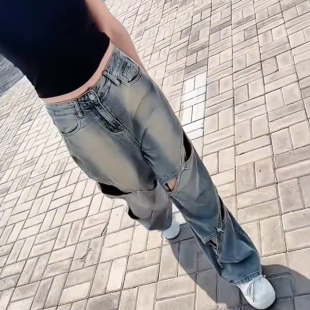 破洞镂空设计感牛仔裤女夏季新款高腰显瘦时尚百搭休闲直筒长裤