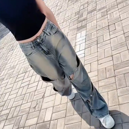 破洞镂空设计感牛仔裤女夏季新款高腰显瘦时尚百搭休闲直筒长裤