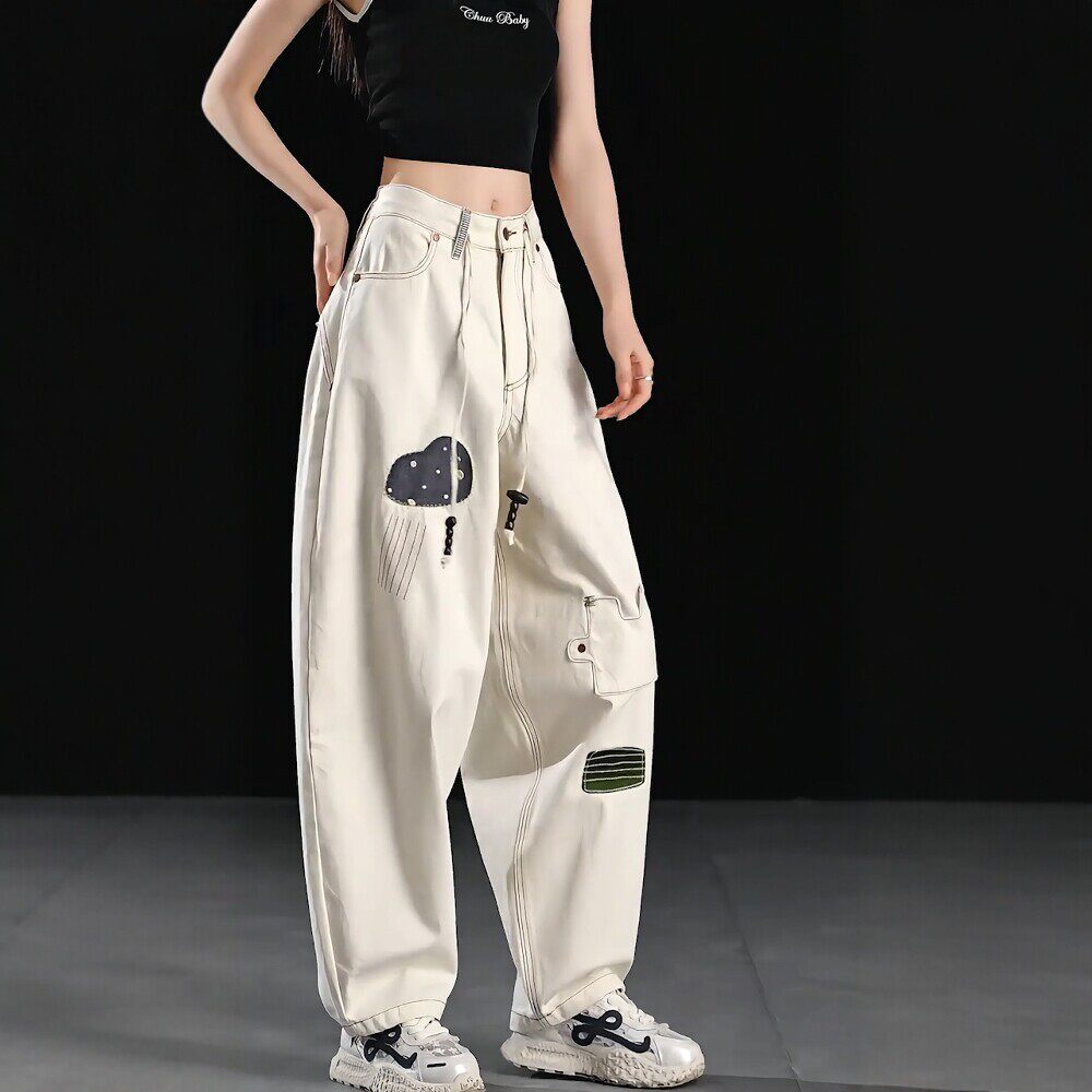 时尚高腰宽松牛仔裤女夏季新款卡通印花显瘦直筒裤百搭洋气休闲裤